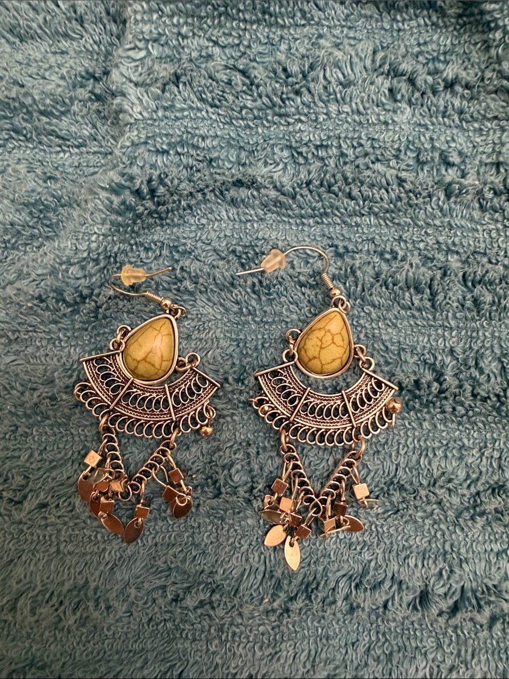 Bohemian Silver-Tone Dangle Earrings with Olive Stone